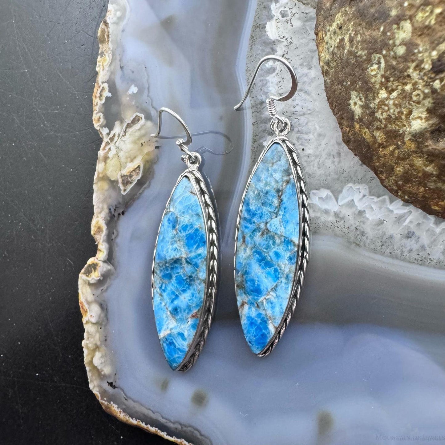 Sterling Silver Southwestern Style Elongated Marquise Blue Apatite Dangle Earrings For Women