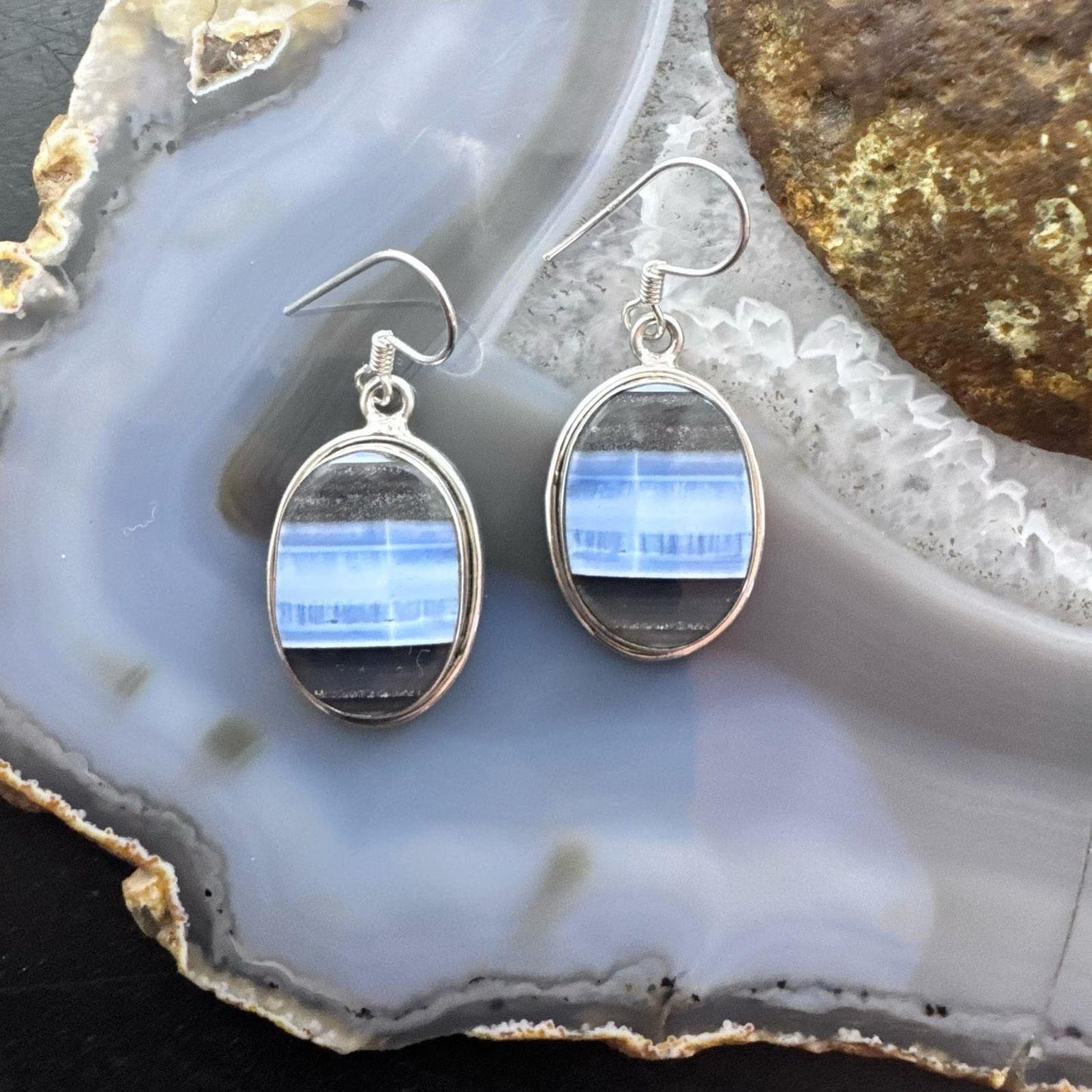 Sterling Silver Southwestern Style Oval Blue Opal Dangle Earrings For Women