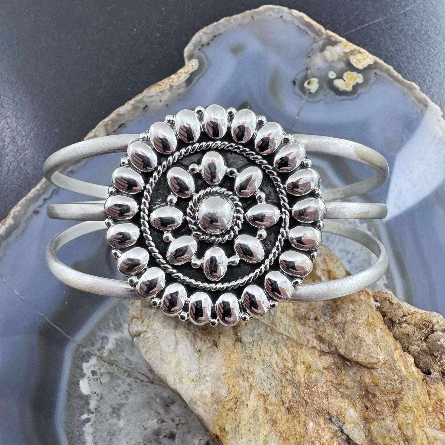 Sterling Silver Southwestern Style Flower Cluster Split Shank Bracelet For Women