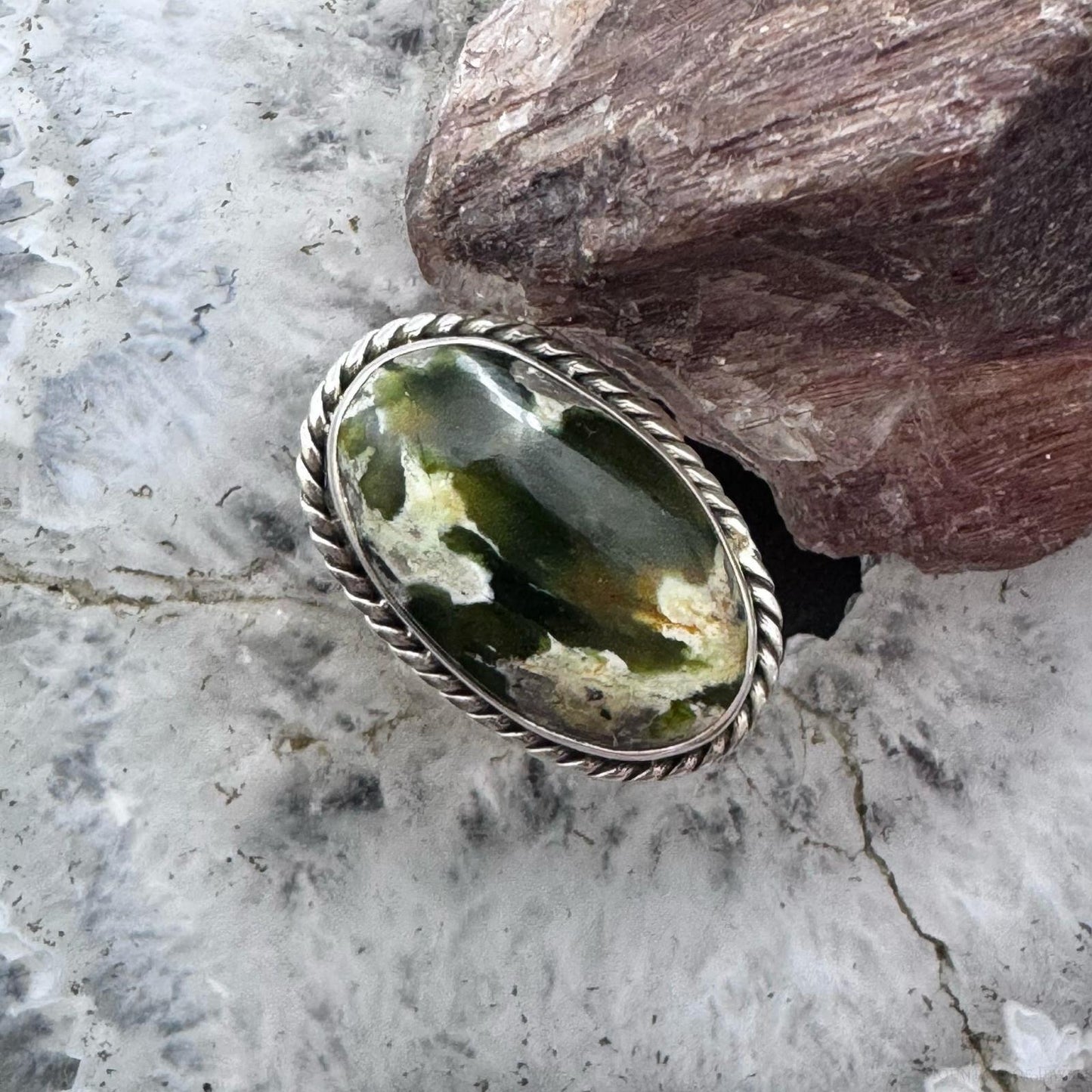 Sterling Silver Southwestern Style Chrome Chalcedony Decorated Ring Size 6.75 For Women