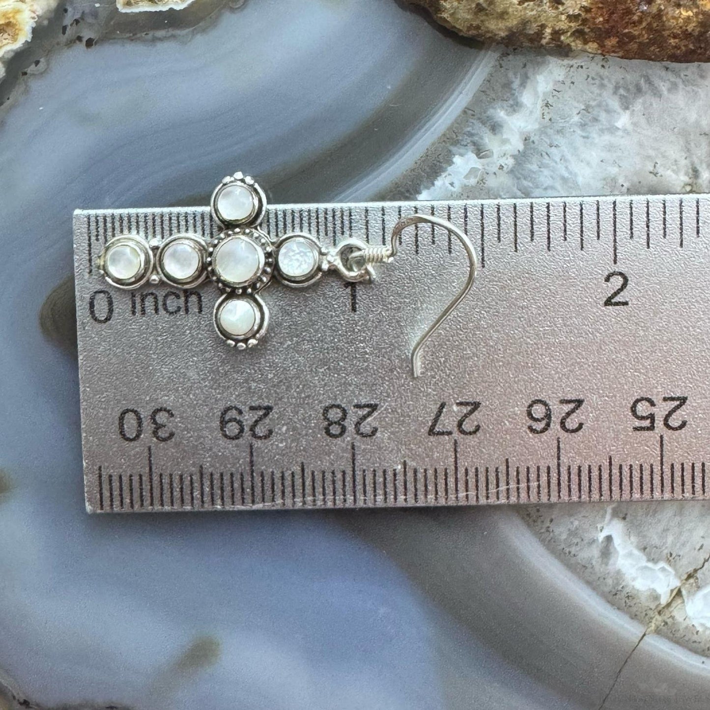 Sterling Silver 6 Moonstone Decorated Cross Fashion Dangle Earrings For Women