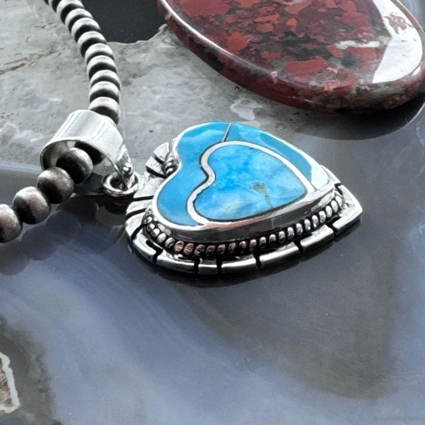 Native American Sterling Silver Blue Ridge Turquoise Decorated Double Heart Pendant For Women
