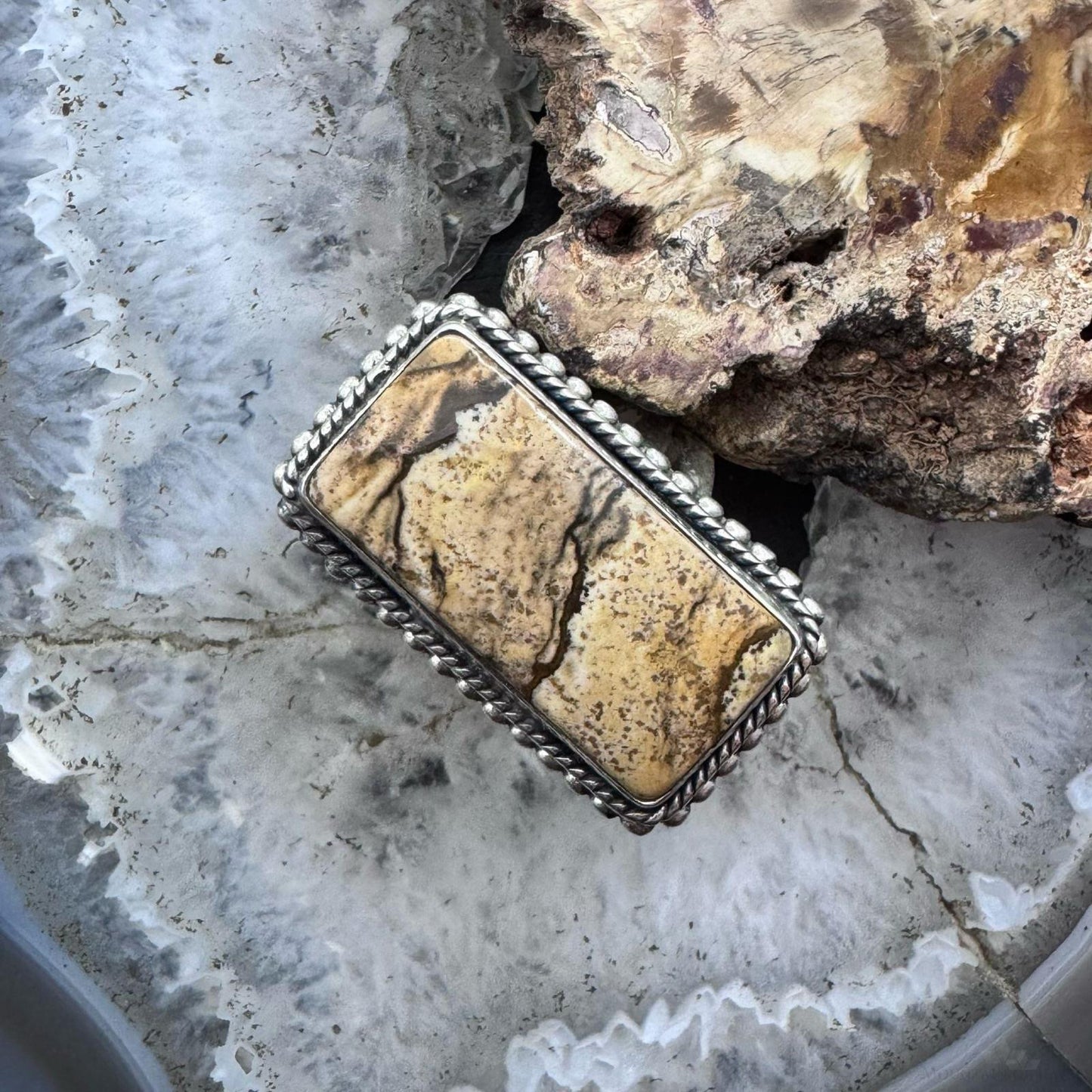Sterling Silver Southwestern Style Picture Jasper Bar Ring Size 8.75 For Women