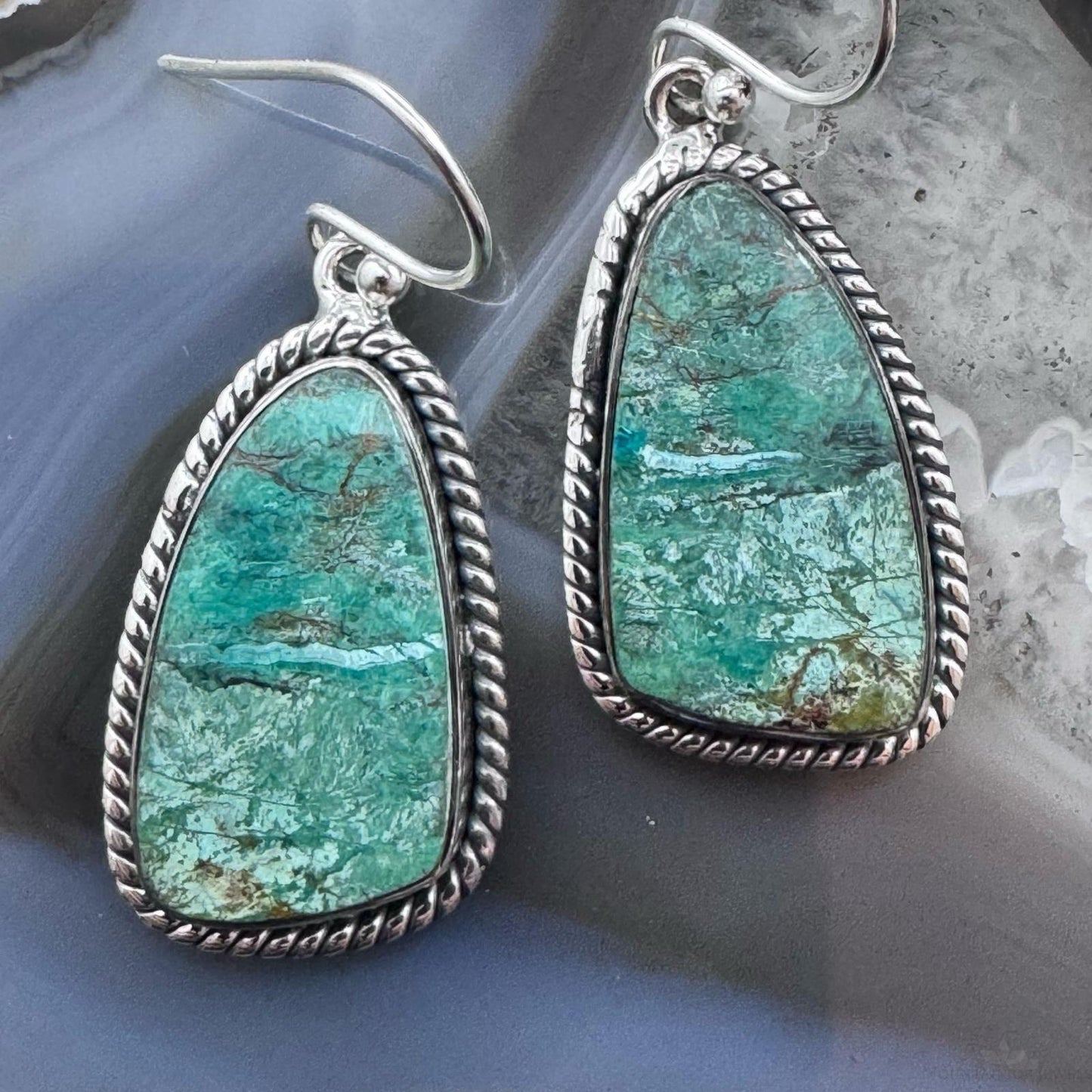Sterling Silver Southwestern Style Green Shattuckite Dangle Earrings For Women