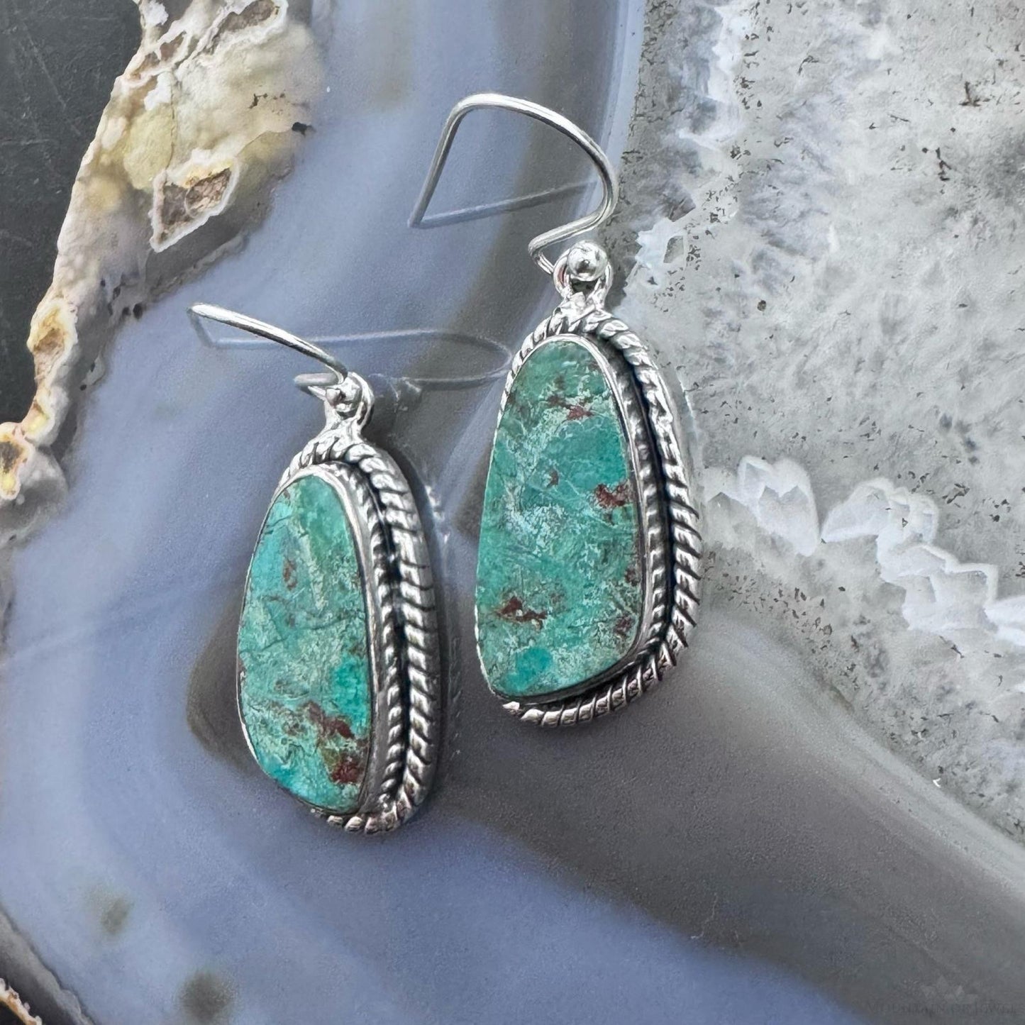 Sterling Silver Southwestern Style Green Shattuckite Dangle Earrings For Women