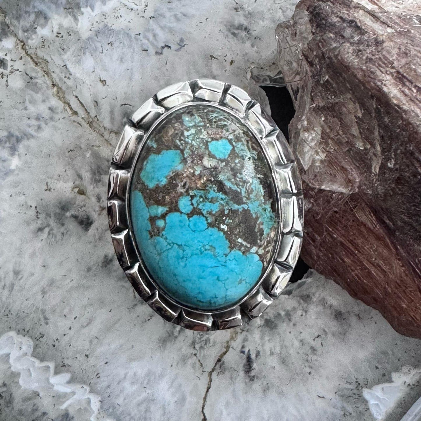 Sterling Silver Southwestern Style Oval Tibetan Turquoise Ring Size 7.5 For Women
