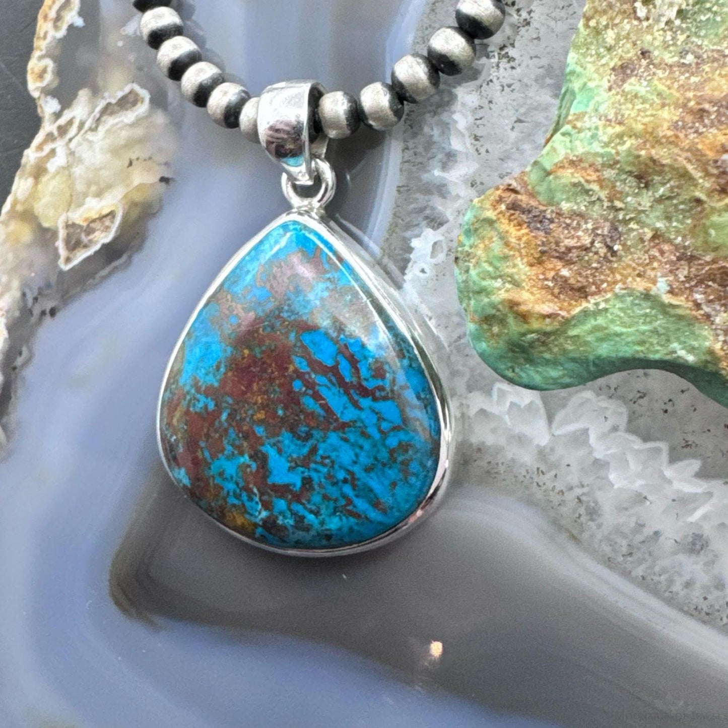Sterling Silver Southwestern Style Wide Teardrop Chrysocolla Pendant For Women