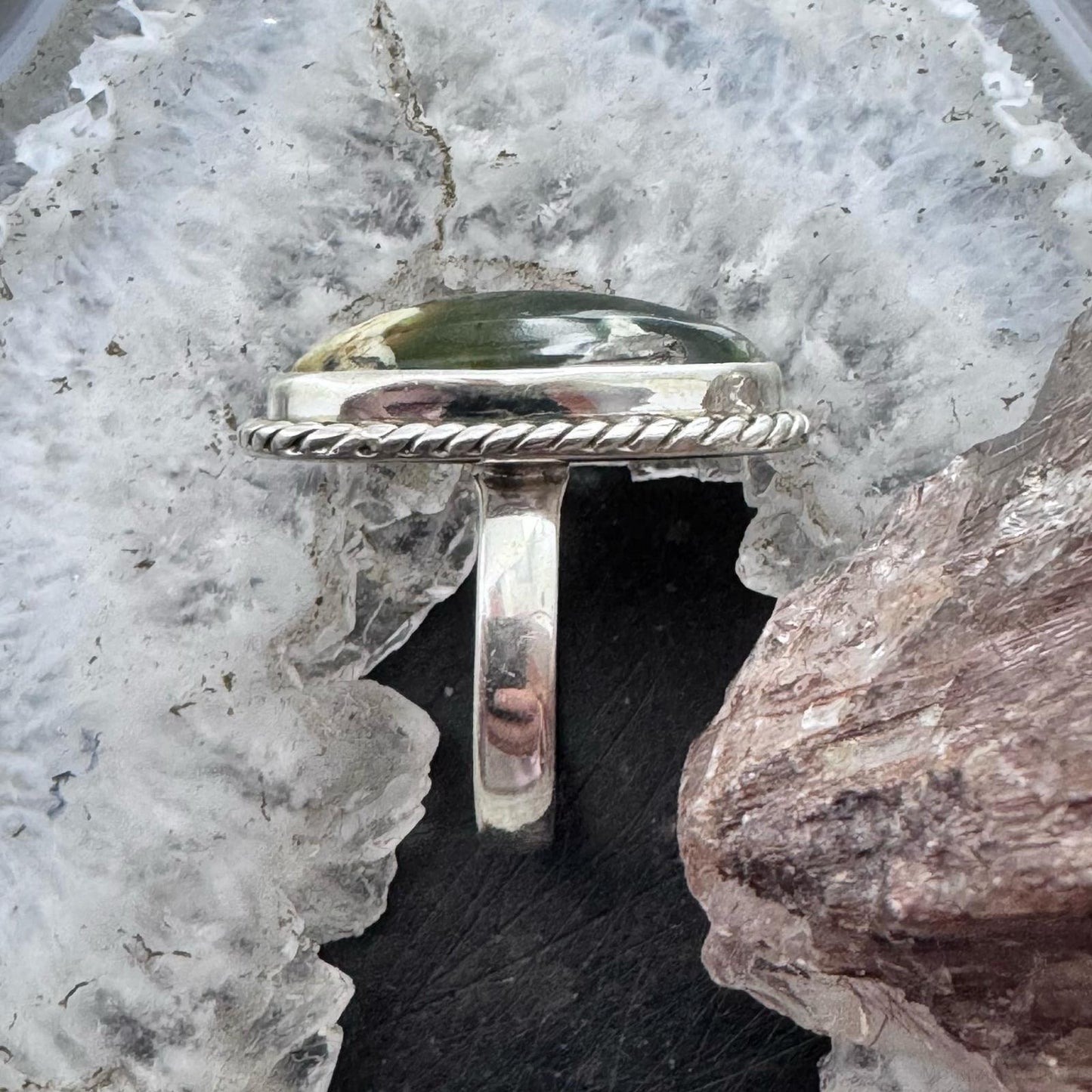 Sterling Silver Southwestern Style Chrome Chalcedony Decorated Ring Size 6.75 For Women