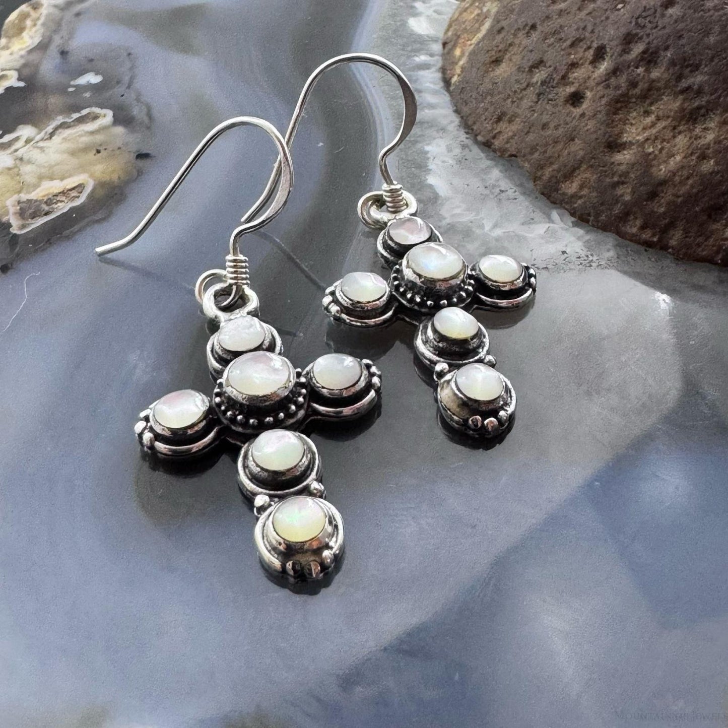 Sterling Silver 6 Moonstone Decorated Cross Fashion Dangle Earrings For Women
