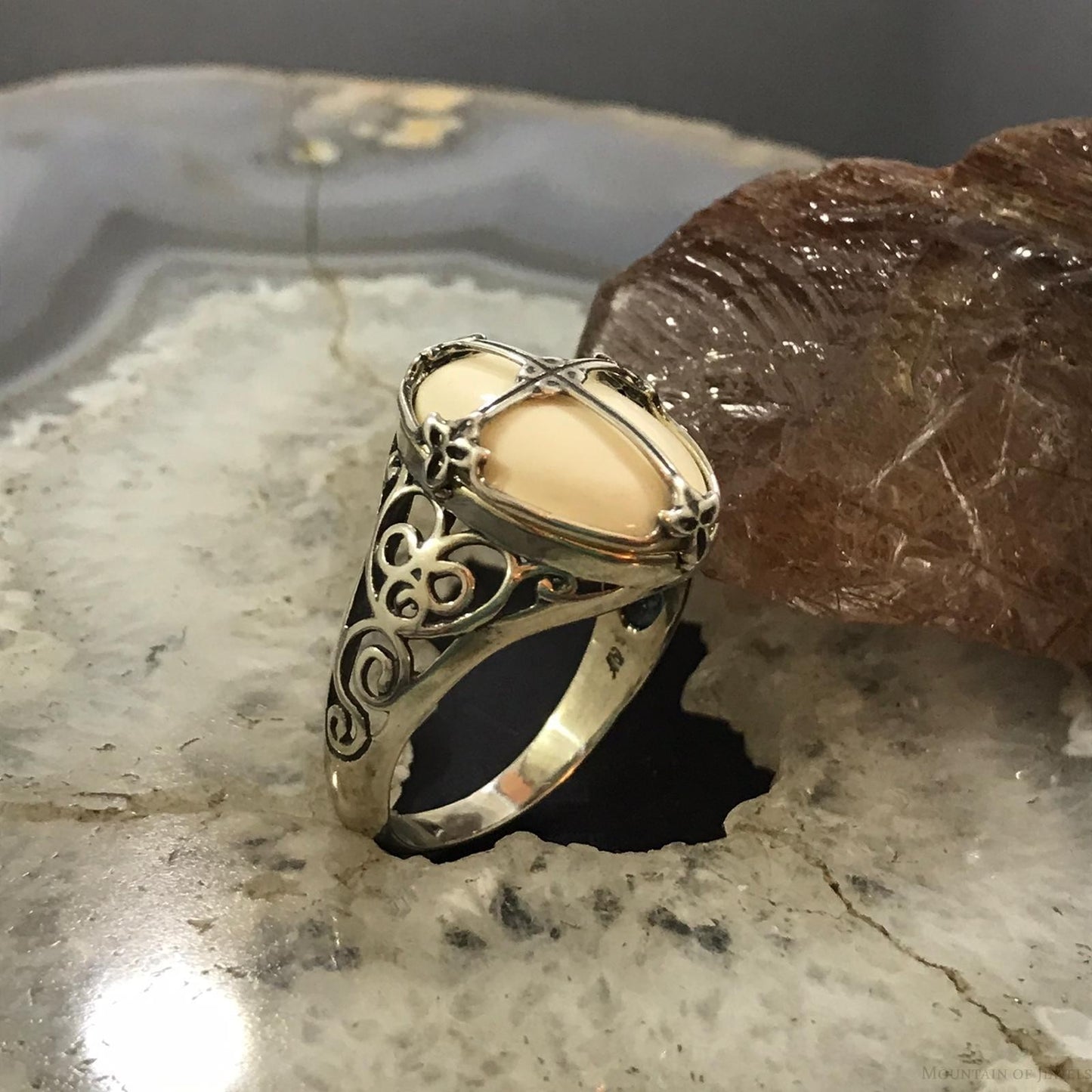 Carolyn Pollack Sterling Silver Oval White Jasper Decorated Cross Ring For Women