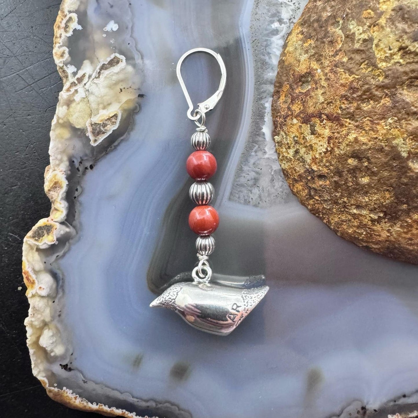 Andrew Rodriguez Sterling Silver Crow With 2 Tiny Red Jasper Beads Dangle Earrings For Women