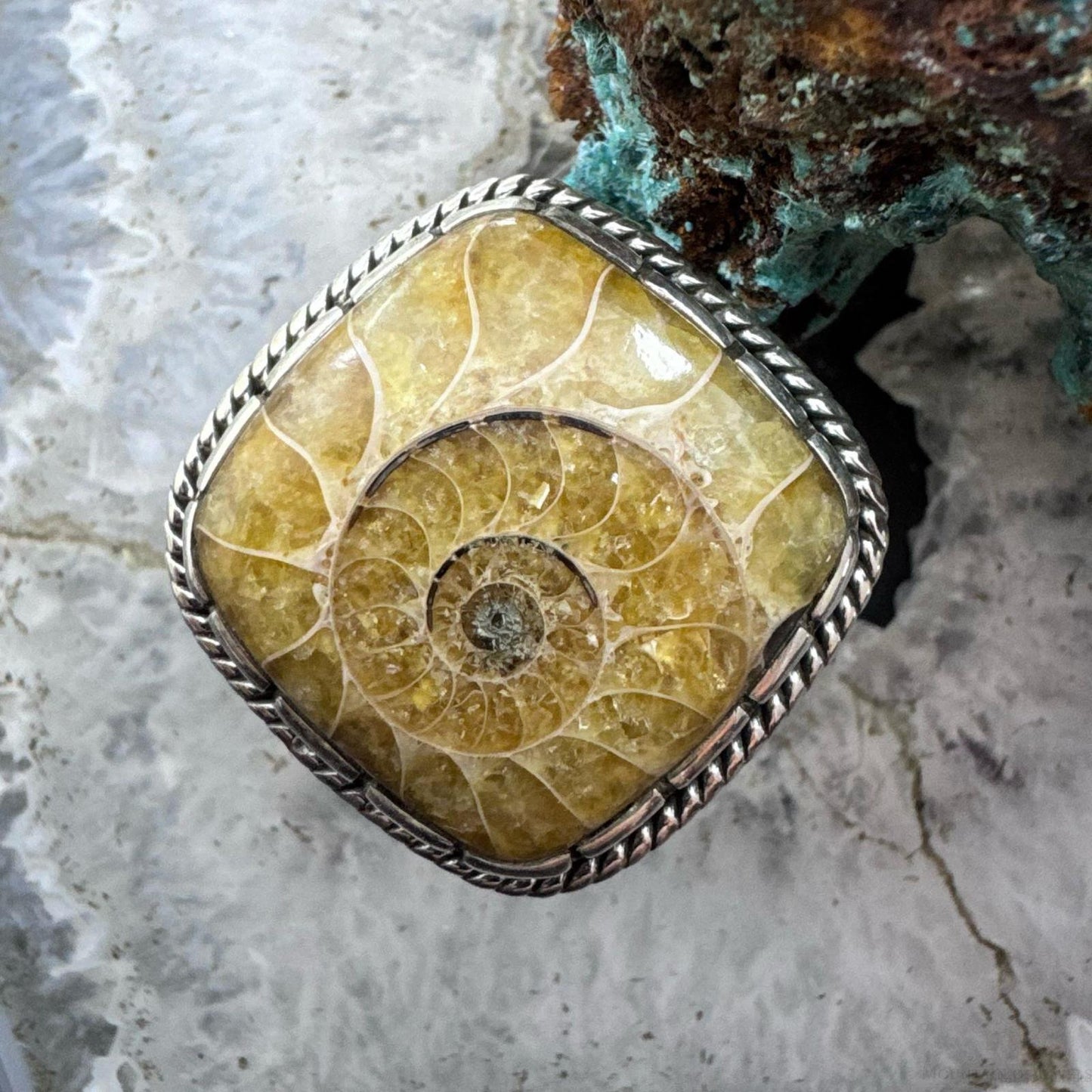 Sterling Silver Southwestern Style Square Ammonite Decorated Ring Size 9 For Women