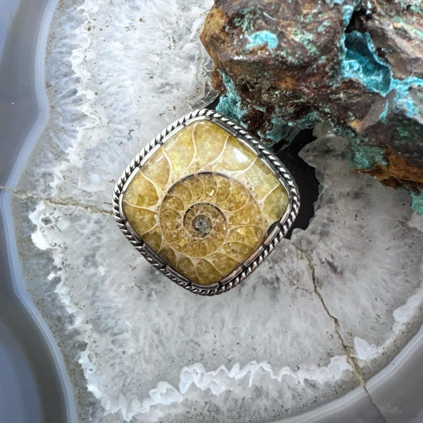 Sterling Silver Southwestern Style Square Ammonite Decorated Ring Size 9 For Women