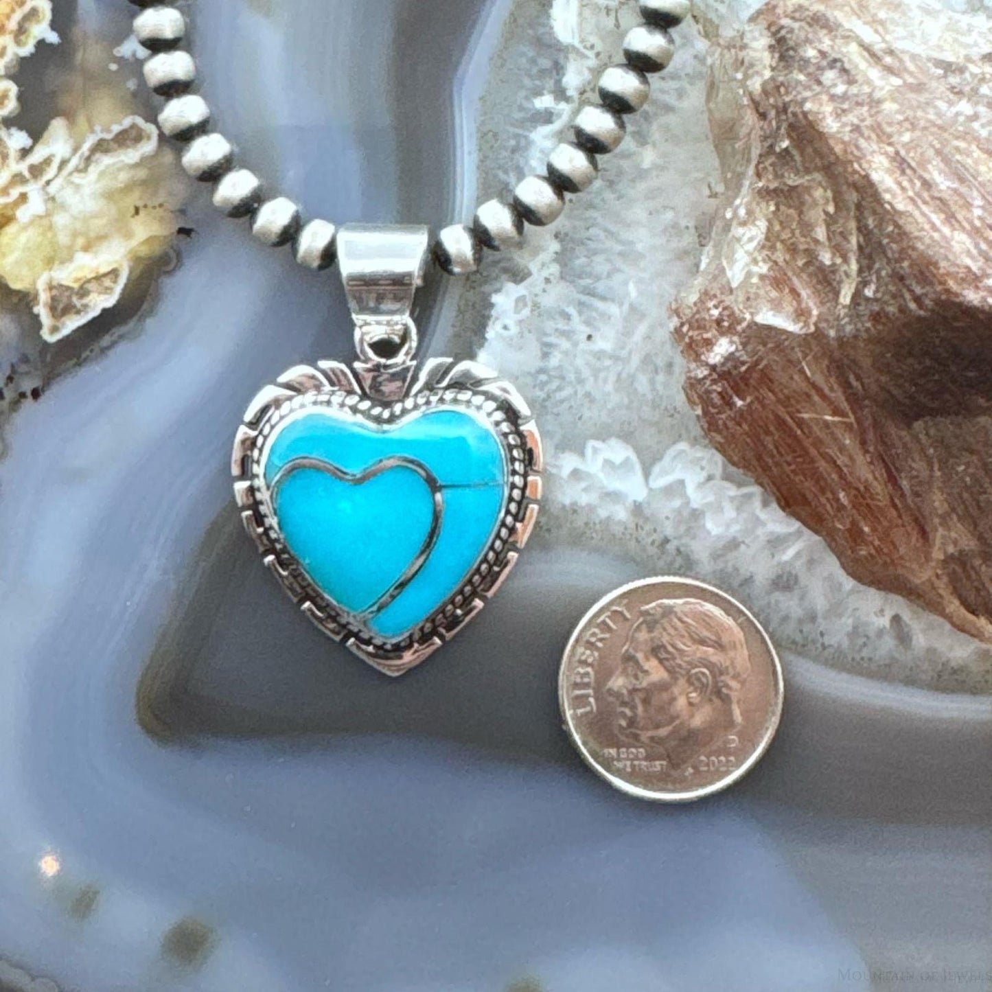 Native American Sterling Silver Kingman Turquoise Decorated Double Heart Pendant For Women