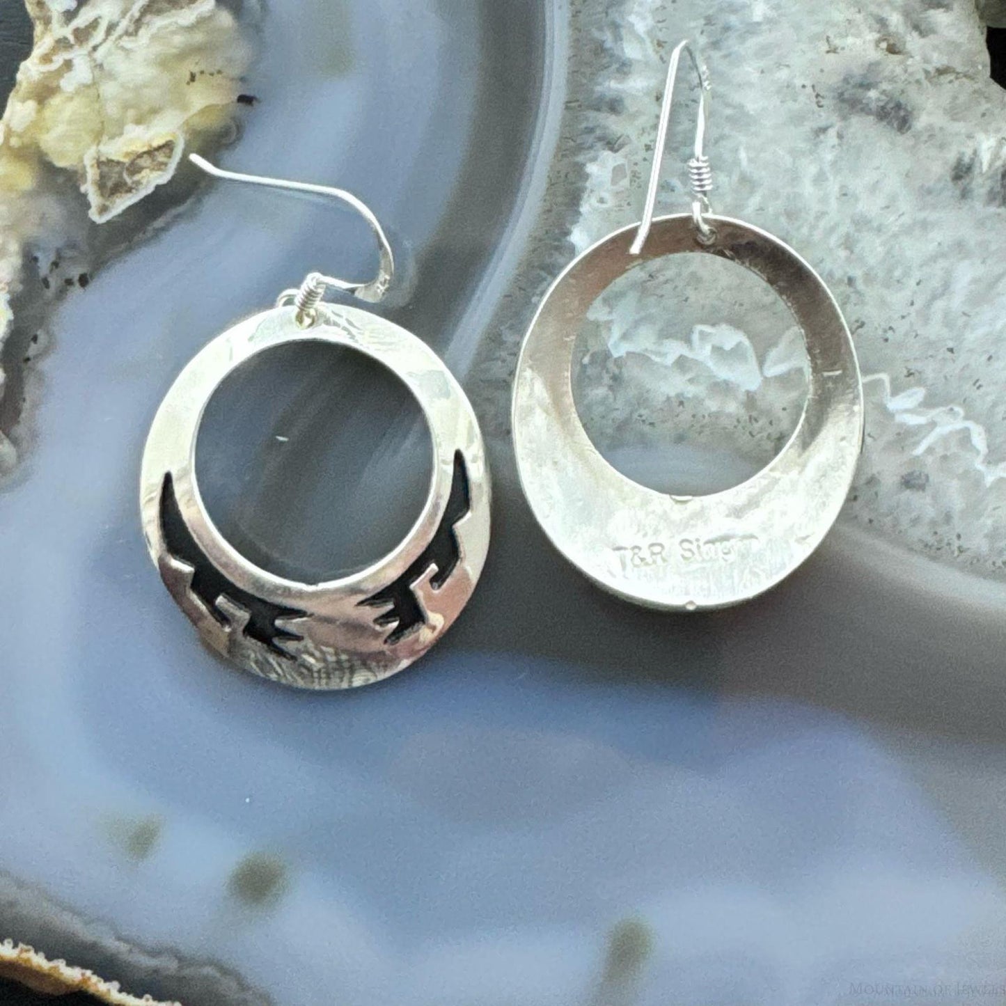 Tommy & Rosita Singer Sterling Silver Overlay Southwestern Motif Hoop Dangle Earrings For Women