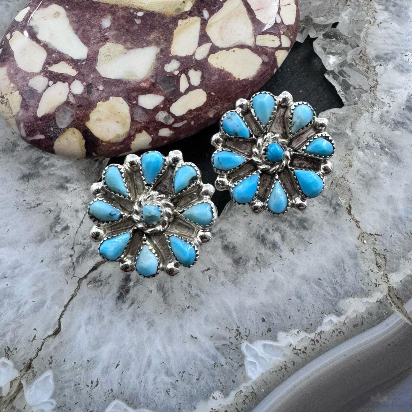 Native American Sterling Silver Turquoise Cluster Stud Earrings For Women #1