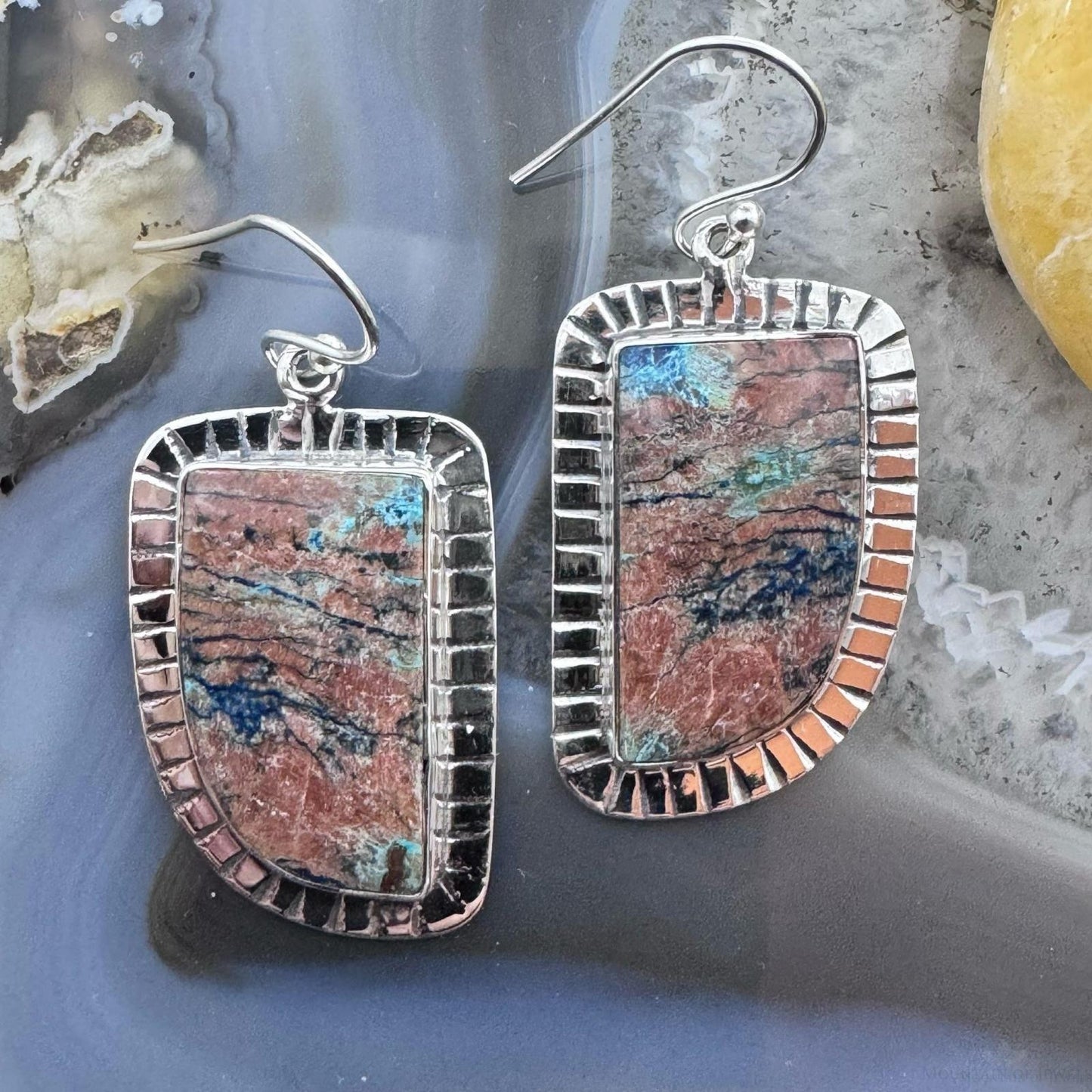 Sterling Silver Southwestern Style Shattuckite Decorated Dangle Earrings For Women