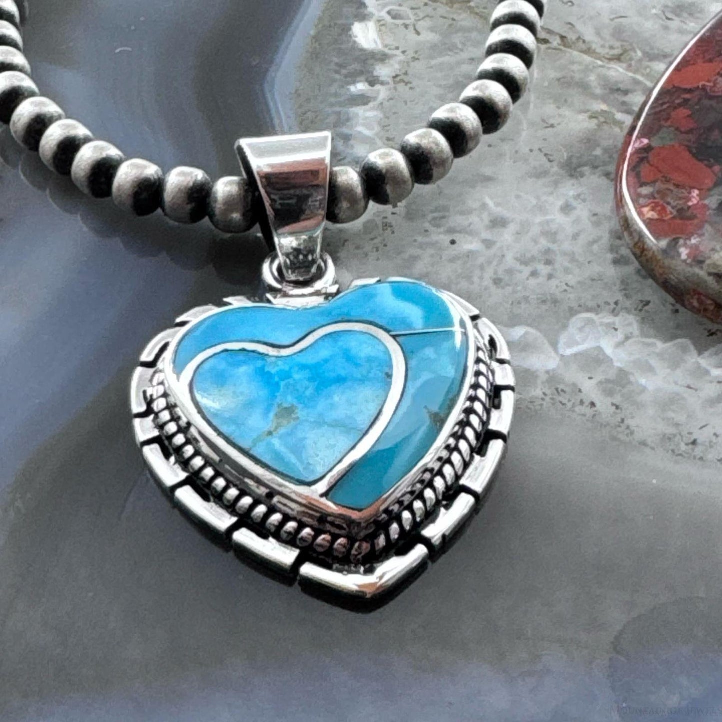 Native American Sterling Silver Blue Ridge Turquoise Decorated Double Heart Pendant For Women