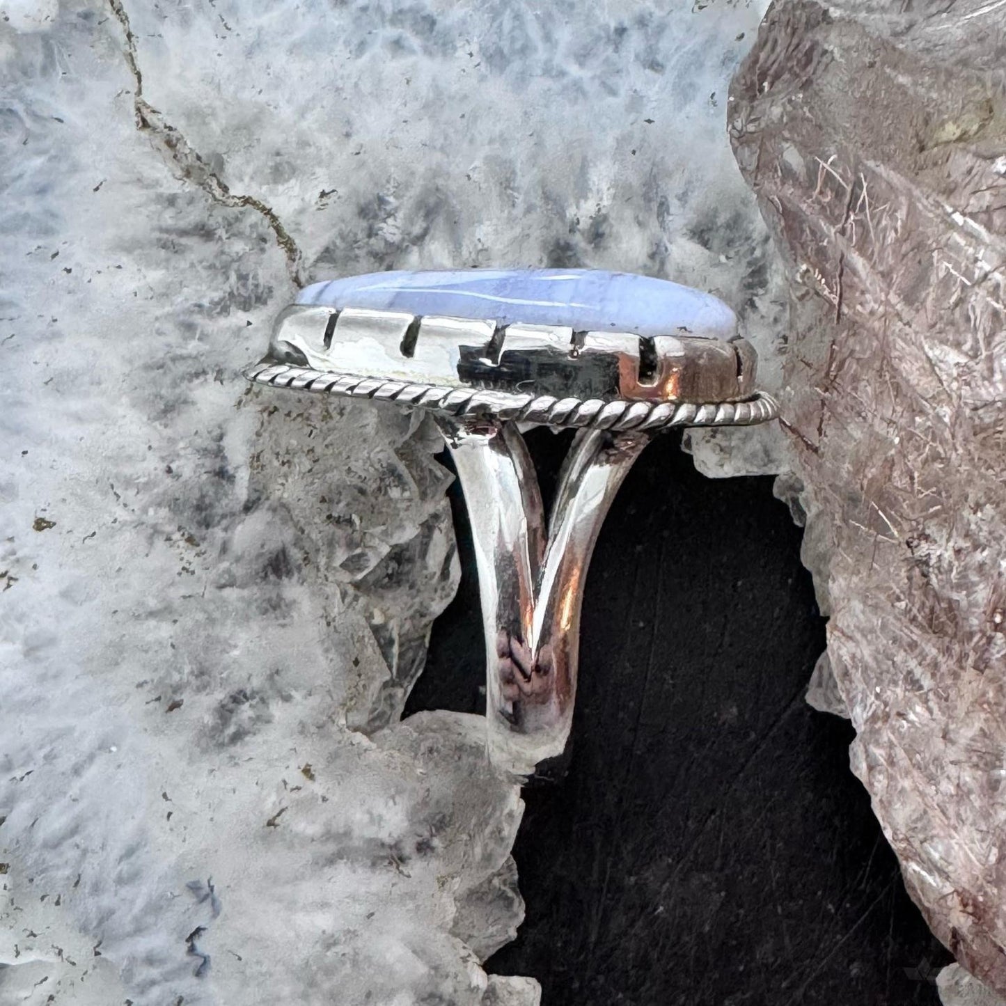 Sterling Silver Southwestern Style Blue Lace Agate Decorated Ring Size 6.75 For Women