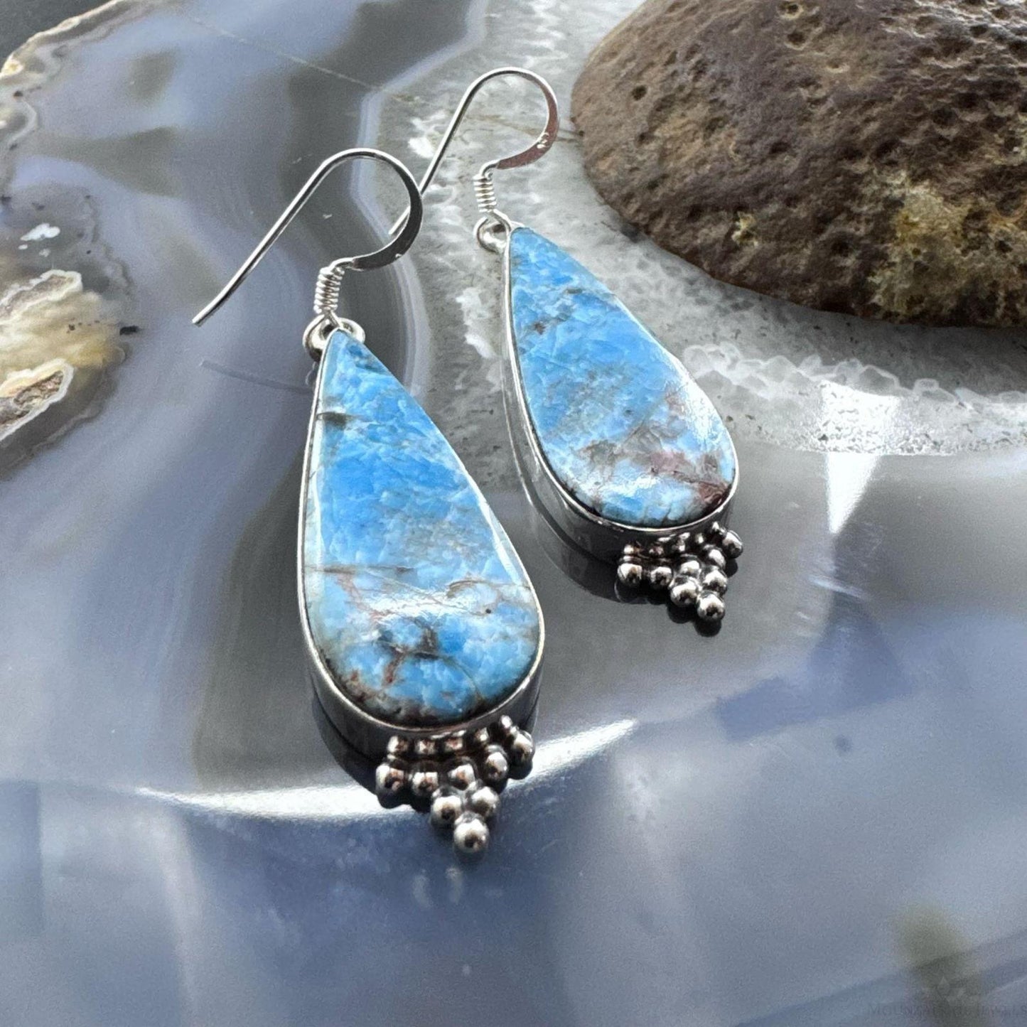 Sterling Silver Southwestern Style Elongated Teardrop Apatite Dangle Earrings For Women