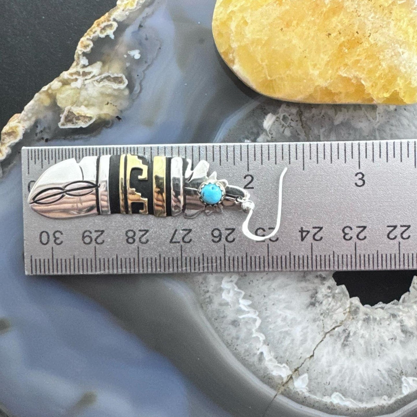 Tommy & Rosita Singer Sterling Silver & Gold Filled Turquoise Dot Feather Dangle Earrings For Women