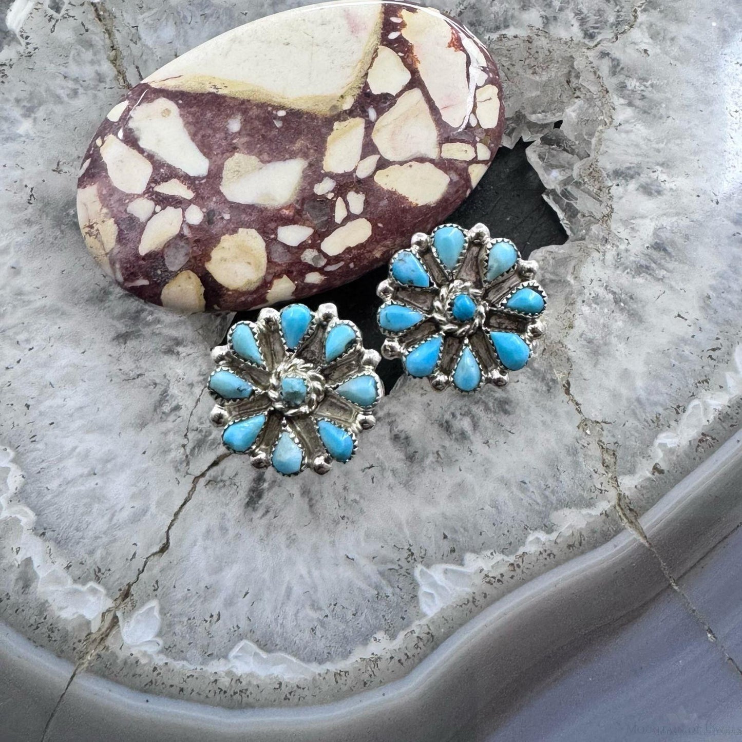 Native American Sterling Silver Turquoise Cluster Stud Earrings For Women #1