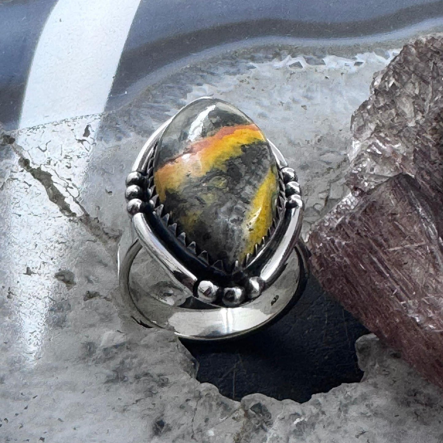 Sterling Silver Southwestern Style Marquise Bumblebee Jasper Ring Size 8 For Women