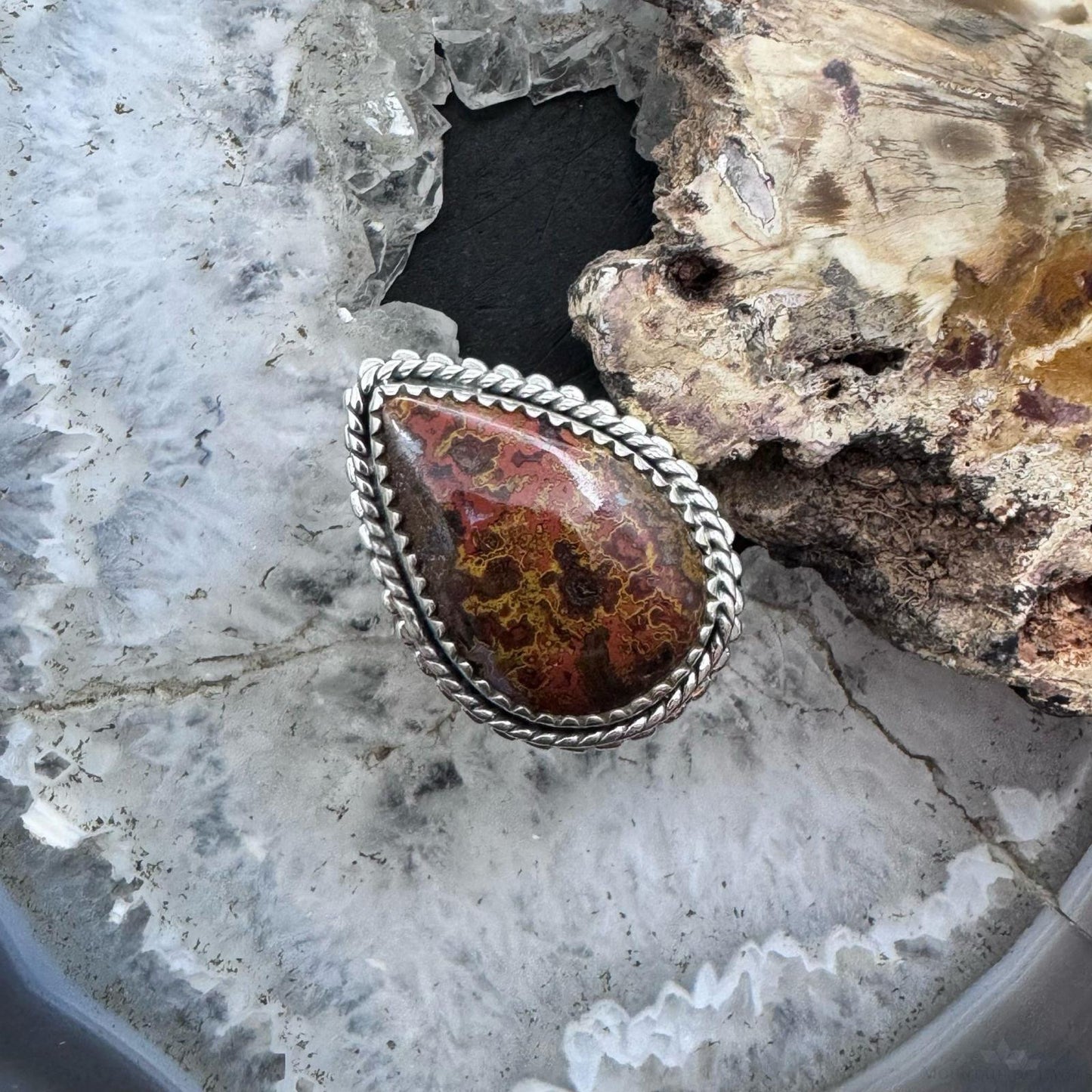 Sterling Southwestern Style Teardrop Moroccan Seam Agate Ring Size 7.75 For Women