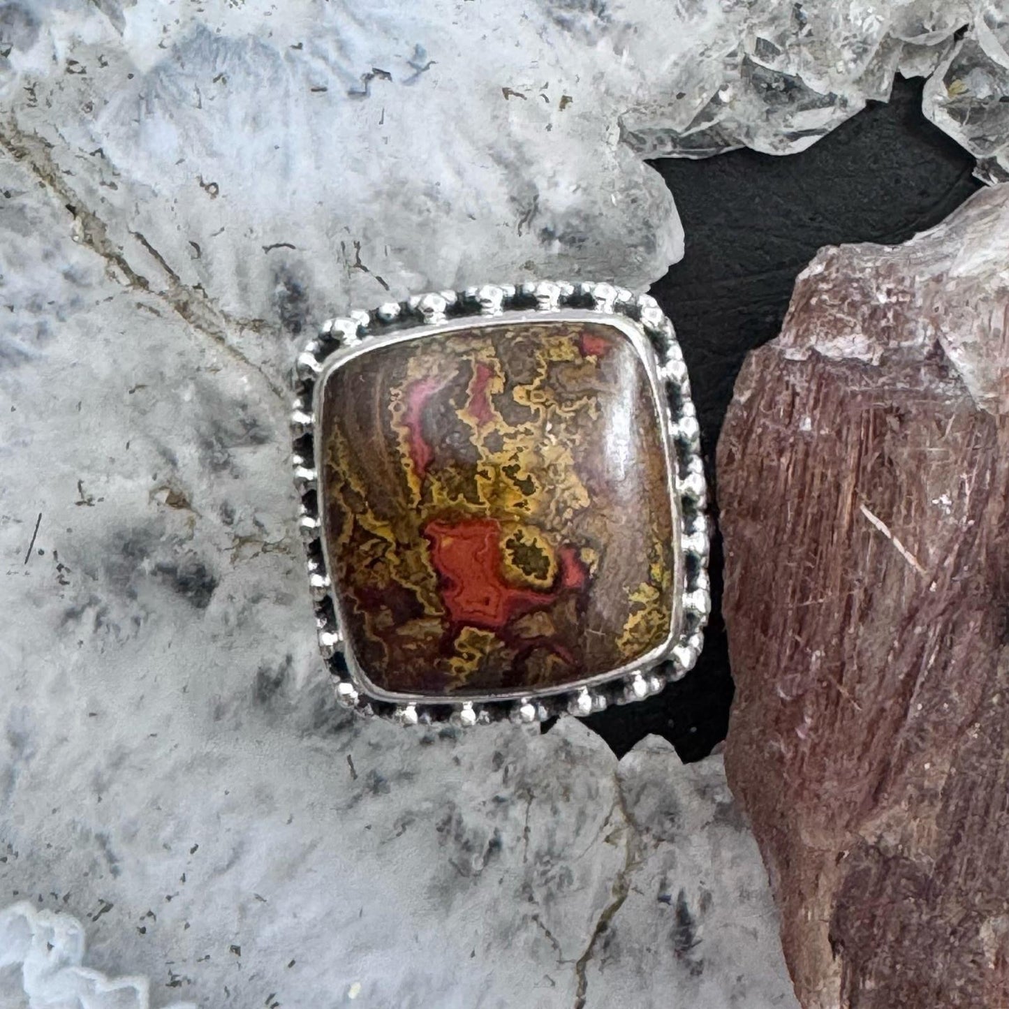 Sterling Silver Southwestern Style Moroccan Seam Agate Ring Size 7.5 For Women