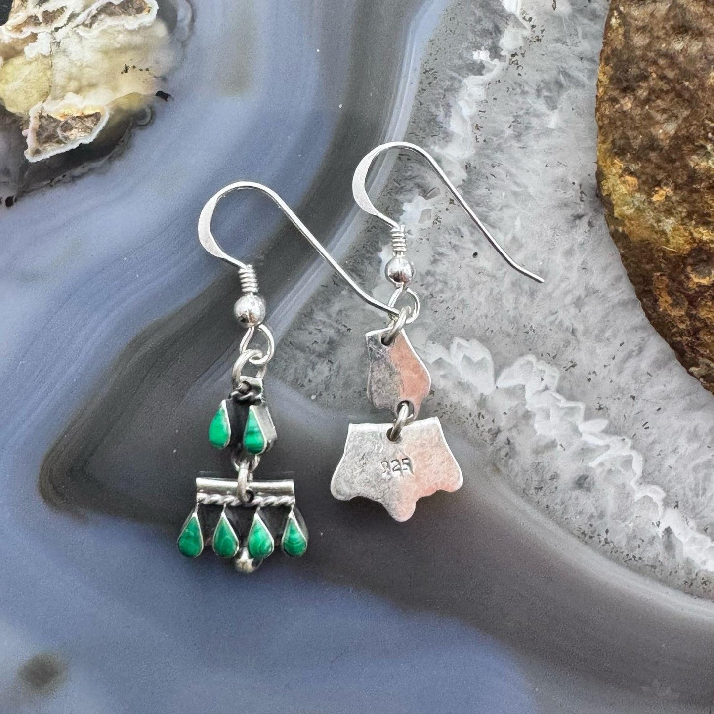 Sterling Silver Southwestern Teardrop Malachite Tiny Dangle Earrings For Women