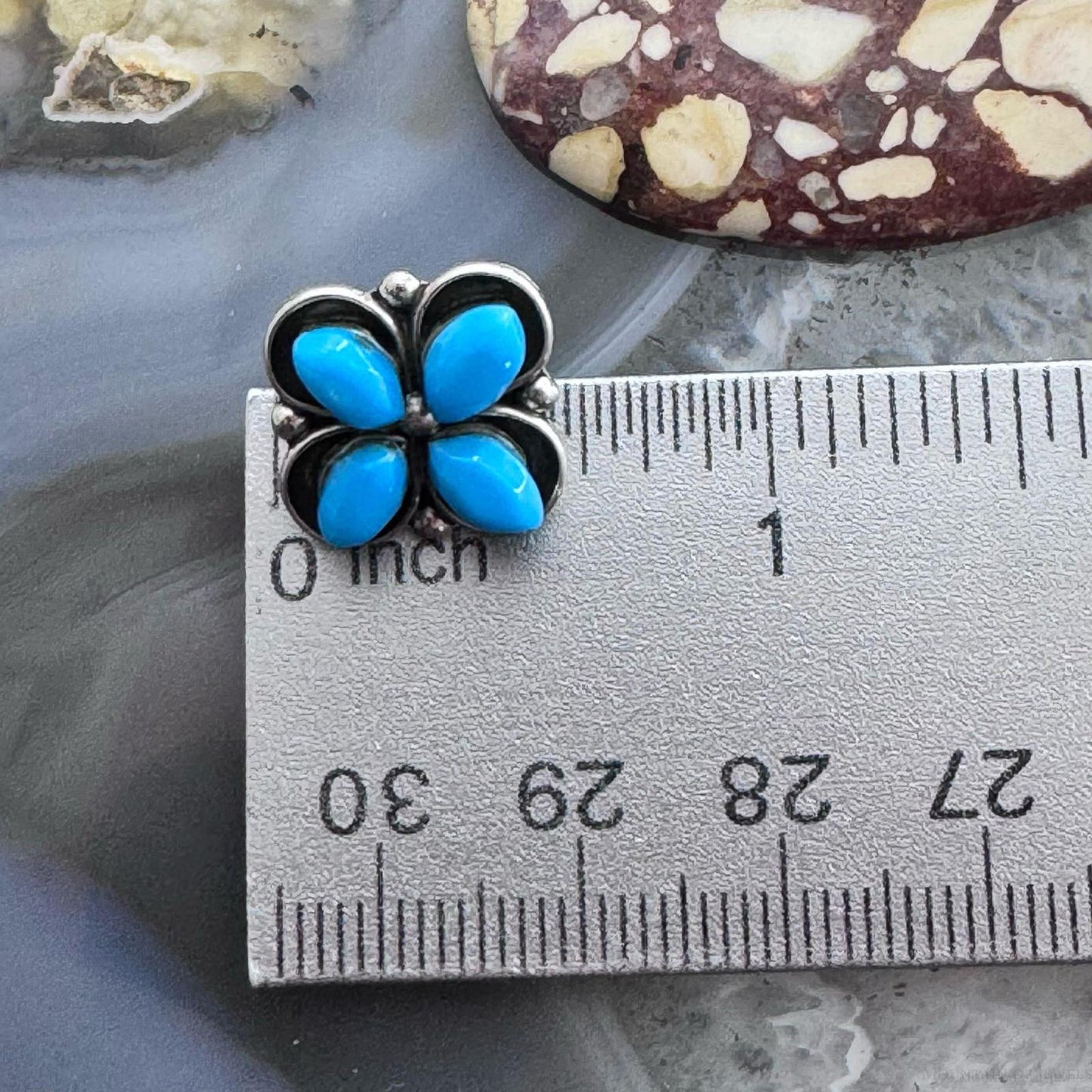 Native American Sterling Silver 4 Turquoise Floral Stud Earrings For Women