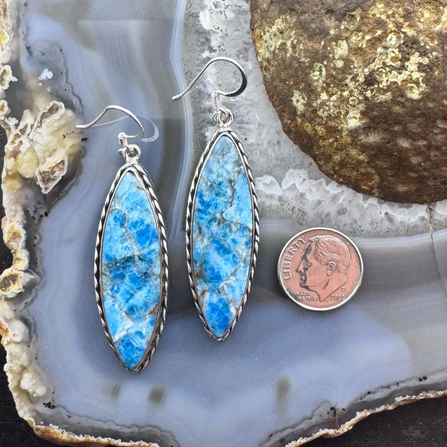 Sterling Silver Southwestern Style Elongated Marquise Blue Apatite Dangle Earrings For Women