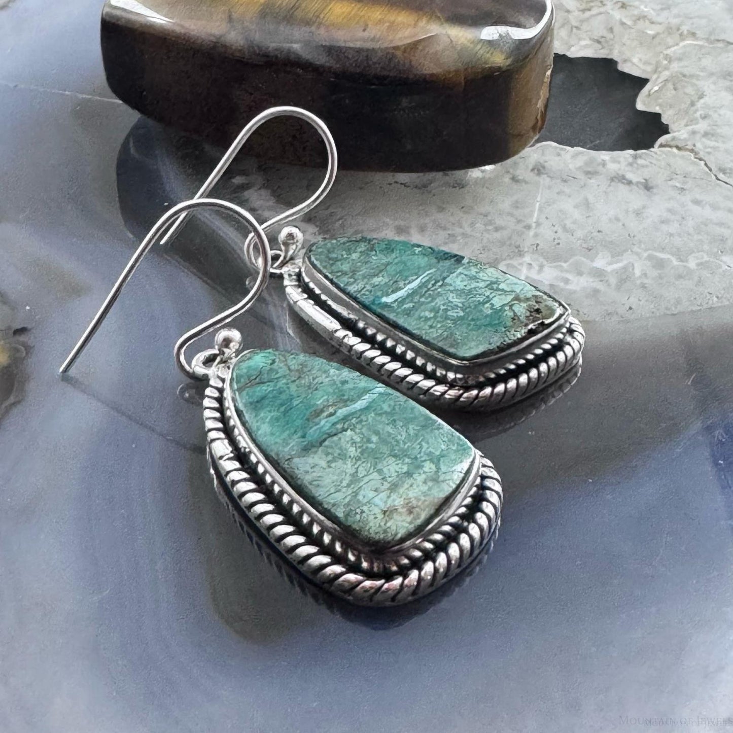 Sterling Silver Southwestern Style Green Shattuckite Dangle Earrings For Women