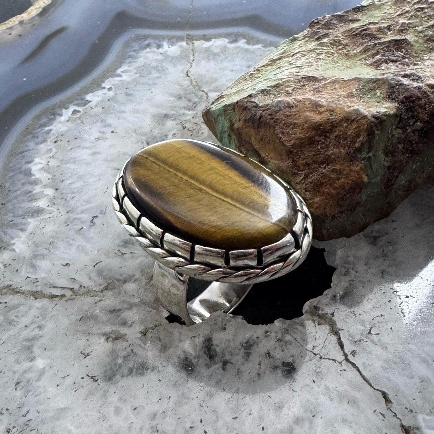 Sterling Silver Southwestern Style Elongated Oval Tiger's Eye Ring Size 8.25 For Women