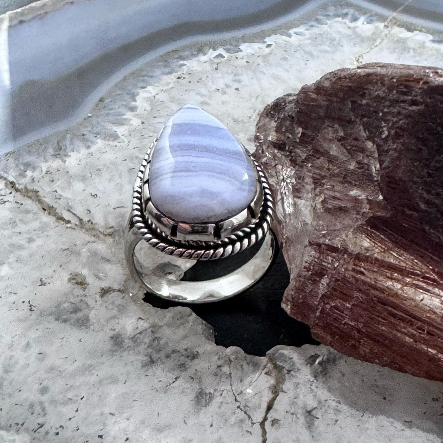 Sterling Silver Southwestern Style Blue Lace Agate Decorated Ring Size 6.75 For Women