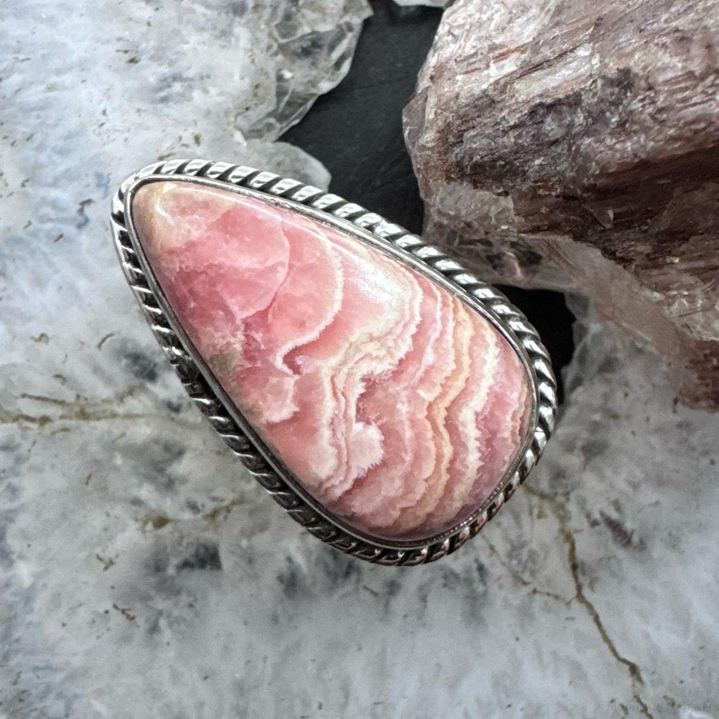Sterling Silver Southwestern Style Teardrop Rhodochrosite Ring Size 6.5 For Women