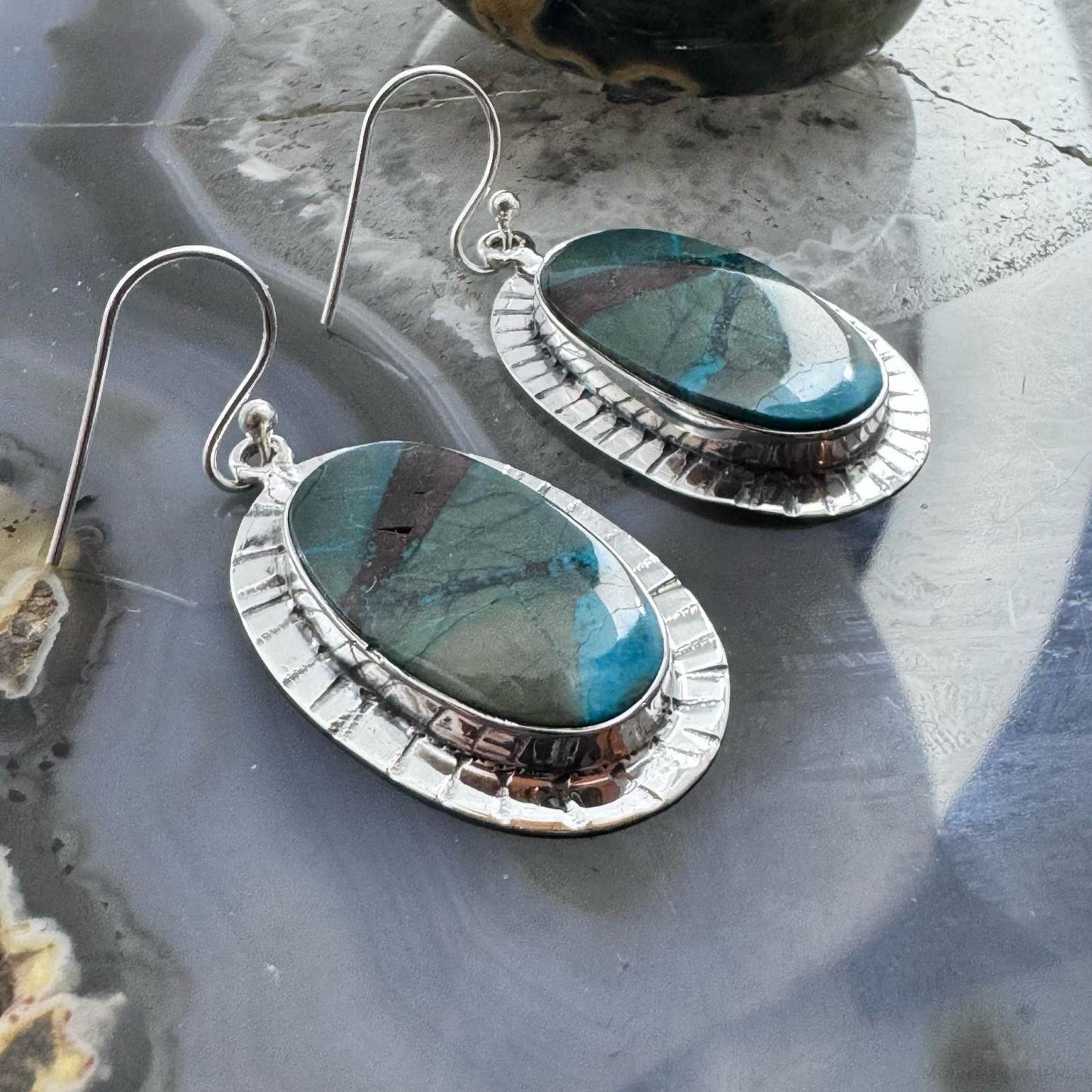 Sterling Silver Southwestern Style Oval Sea Sediment Jasper Dangle Earrings For Women