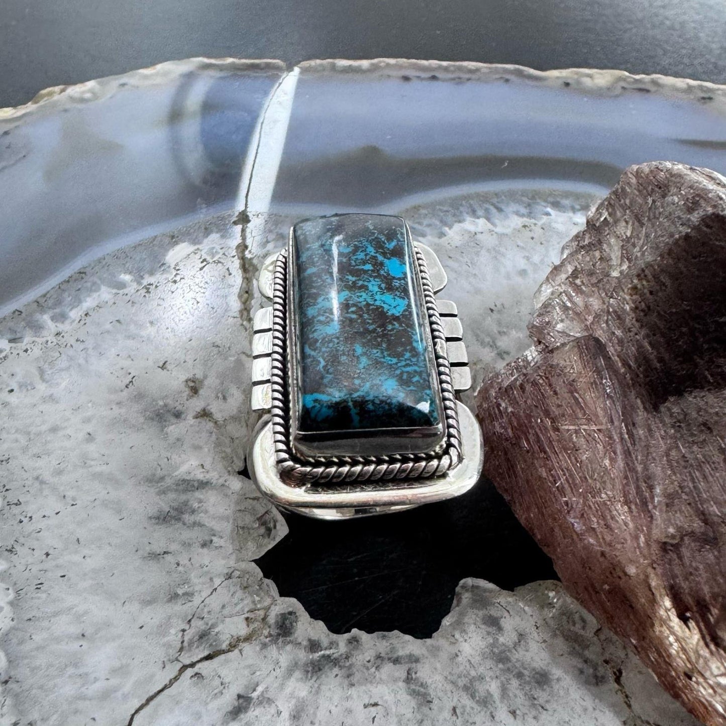Sterling Silver Southwestern Style Azurite Decorated Bar Size 8 Ring For Women
