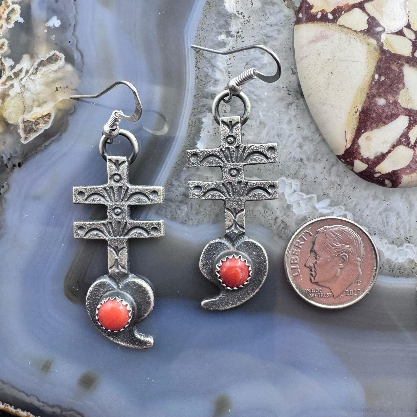 Kevin Billah Native American Sterling Silver Coral Cross & Heart Dangle Earrings For Women