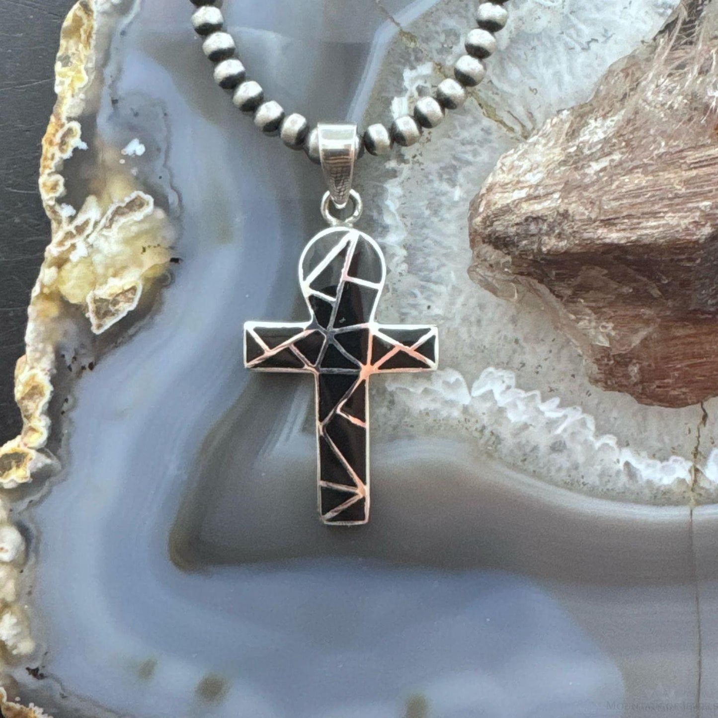 Sterling Silver Southwestern Style Onyx Inlay Unisex Cross Pendant