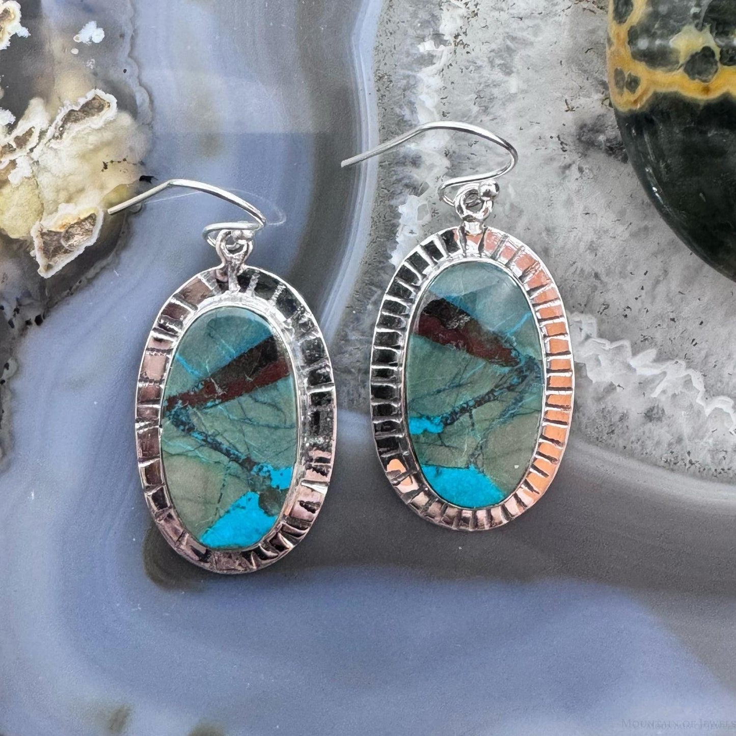Sterling Silver Southwestern Style Oval Sea Sediment Jasper Dangle Earrings For Women