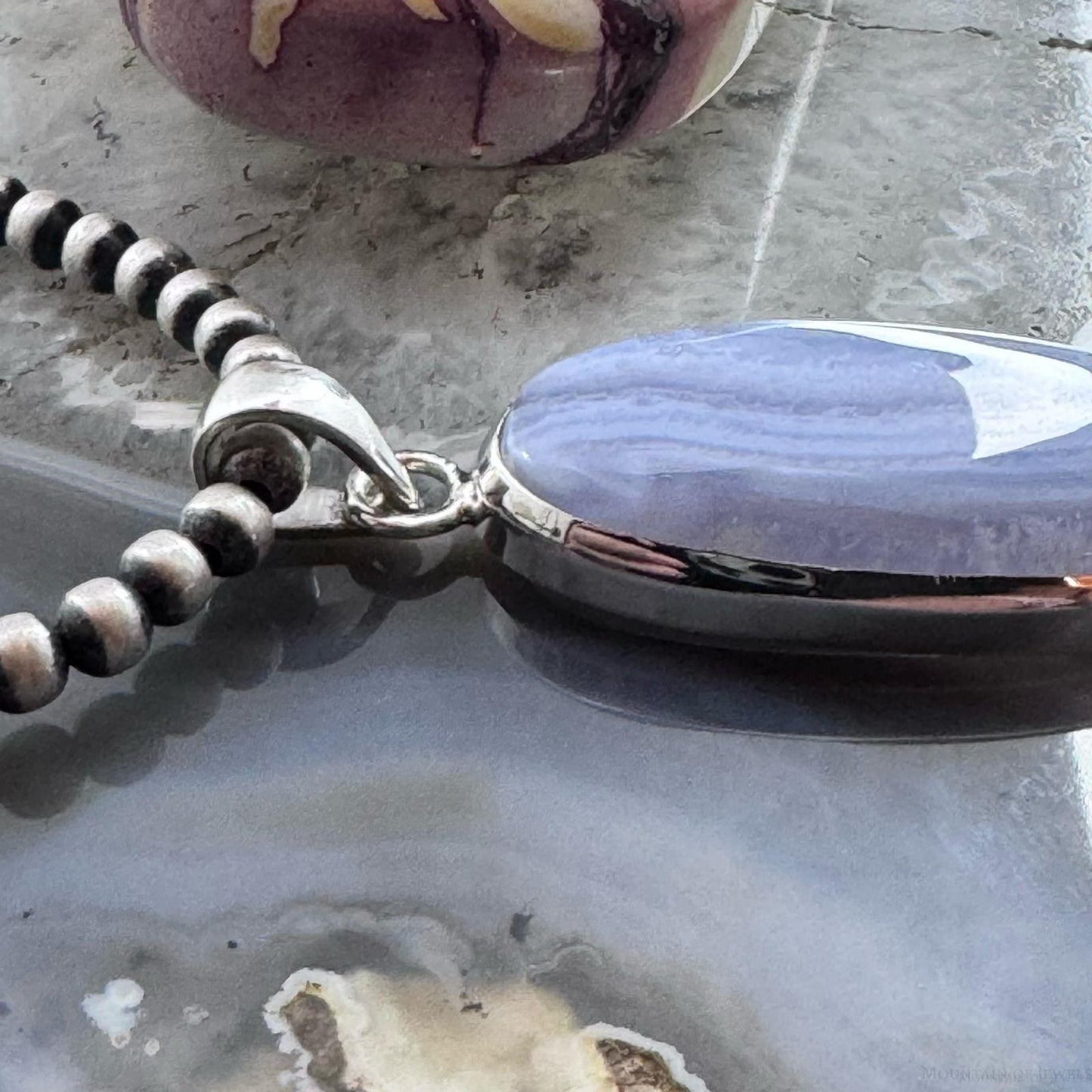 Sterling Silver Southwestern Style Elongated Oval Blue Lace Agate Pendant For Women