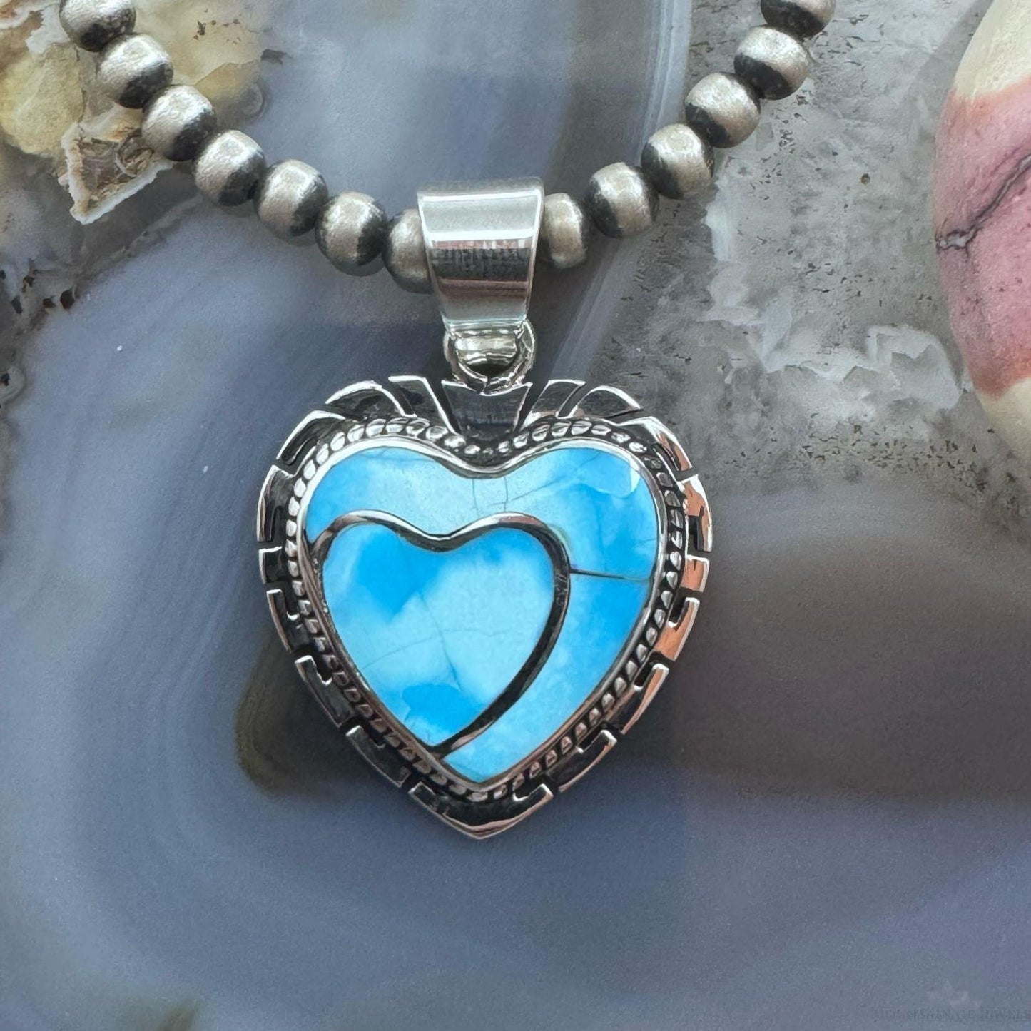 Native American Sterling Silver Blue Ridge Turquoise Decorated Double Heart Pendant For Women