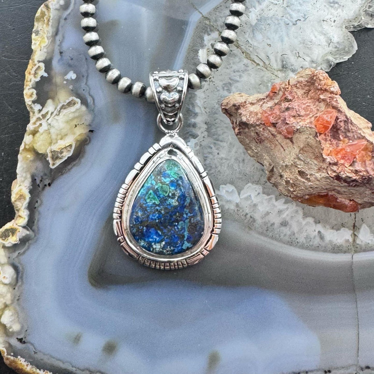Sterling Silver Southwestern Style Teardrop Azurite Malachite Decorated Pendant