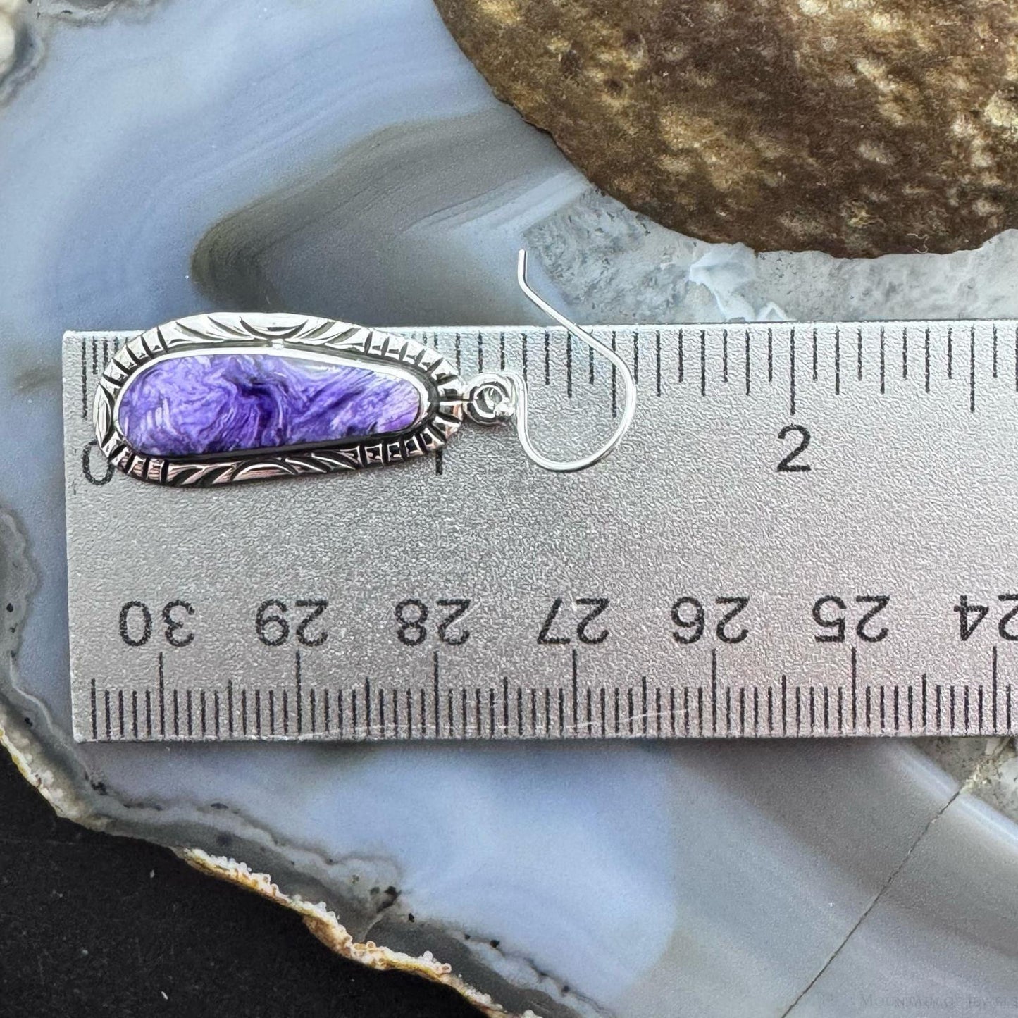 Native American Sterling Silver Charoite Decorated Dangle Earrings For Women