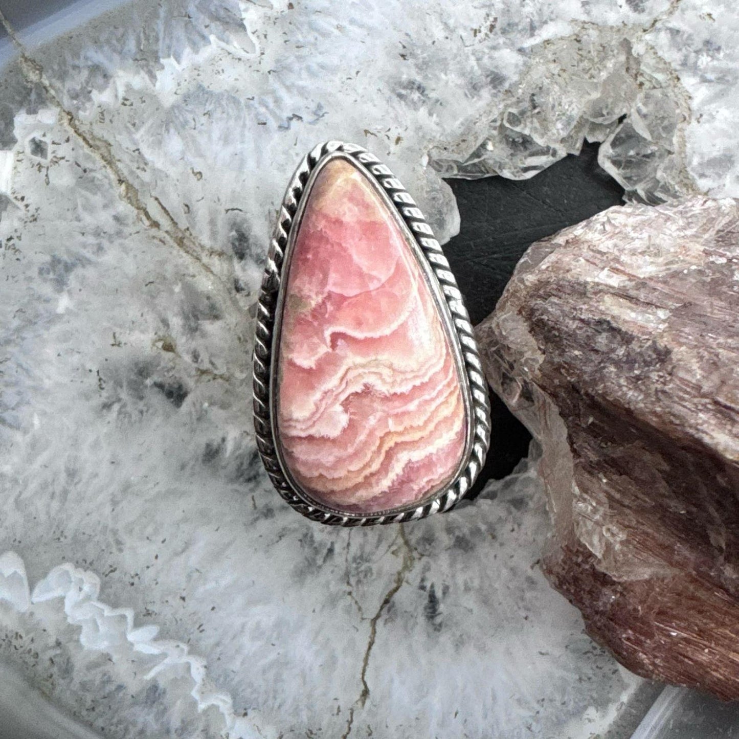 Sterling Silver Southwestern Style Teardrop Rhodochrosite Ring Size 6.5 For Women