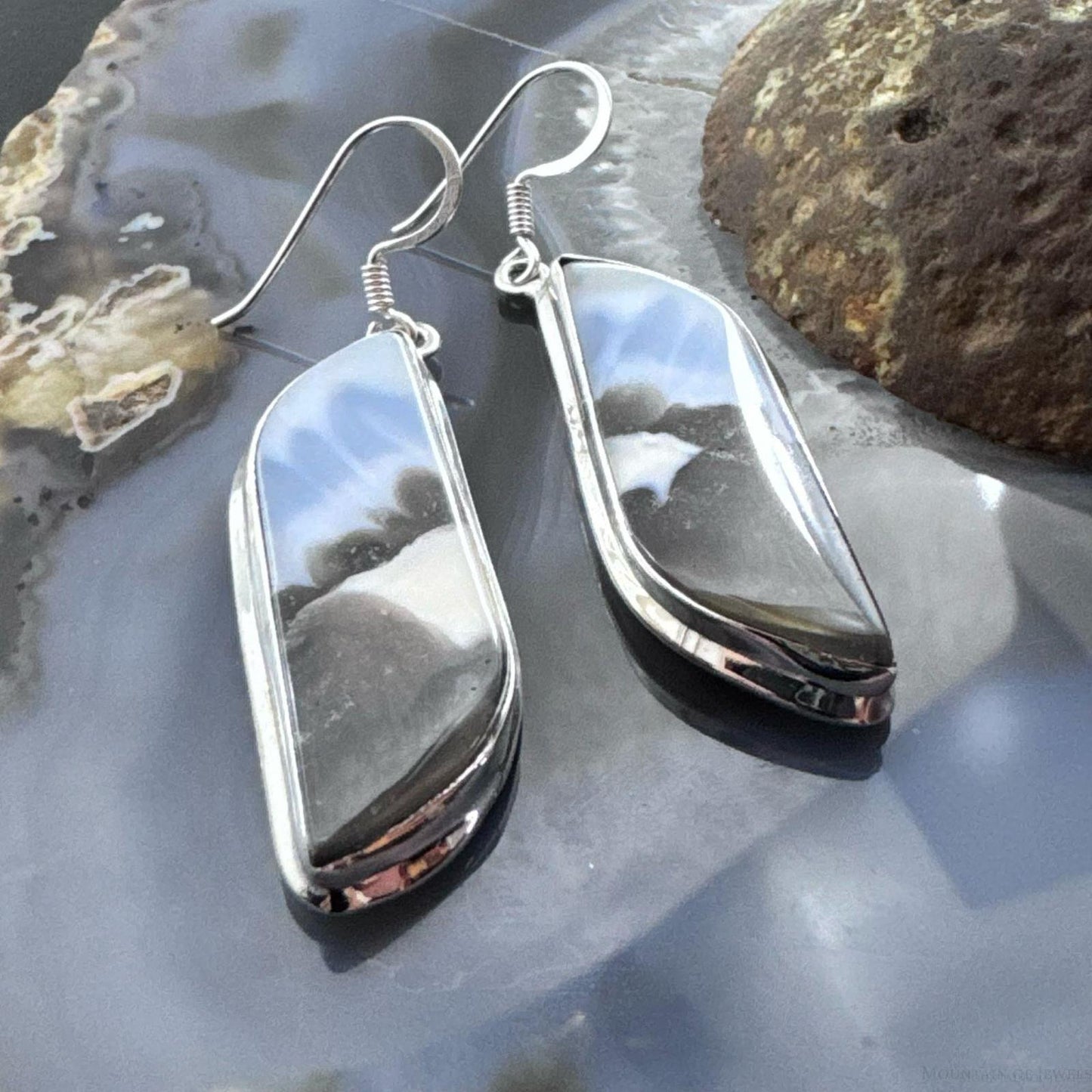 Sterling Silver Southwestern Style Tilde-shape Blue Opal Agate Dangle Earrings For Women