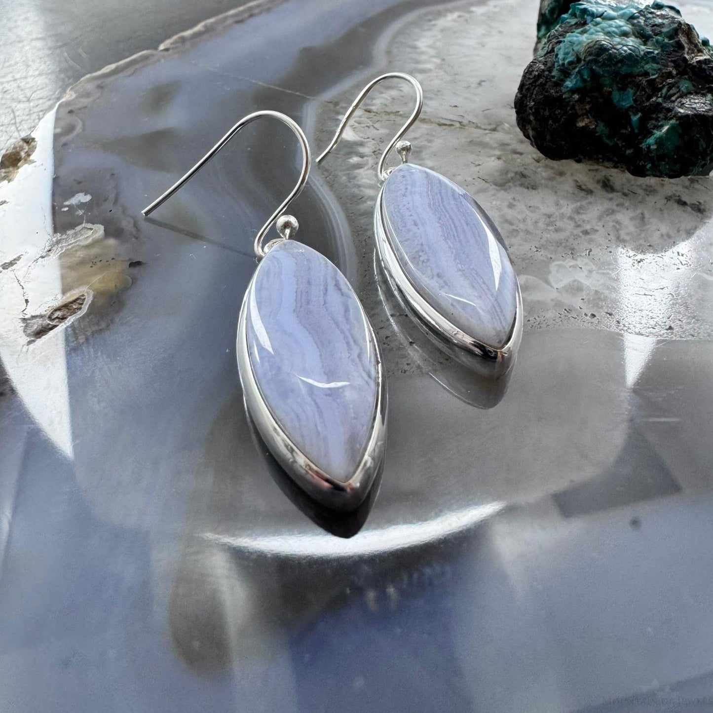 Sterling Silver Southwestern Style Marquise Blue Lace Agate Dangle Earrings For Women