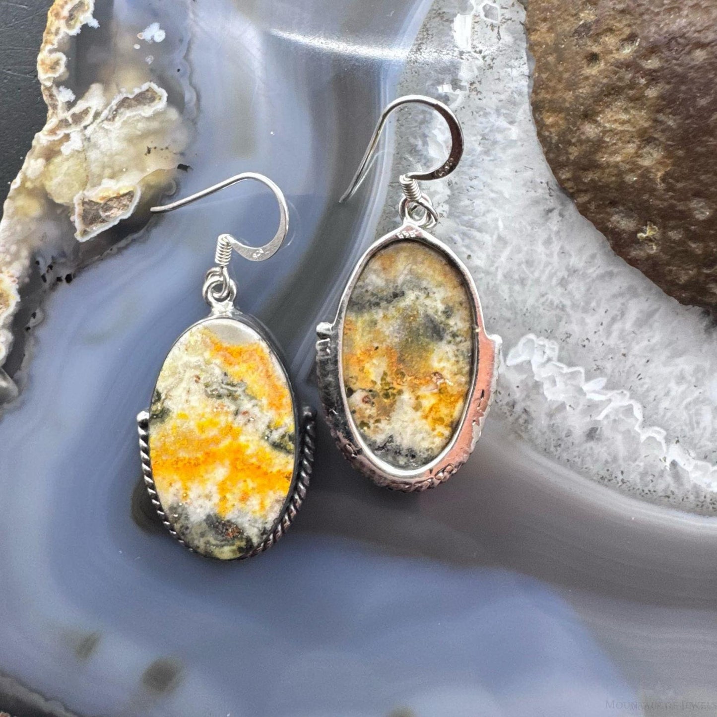 Sterling Silver Southwestern Style Large Oval Bumblebee Jasper Dangle Earrings For Women