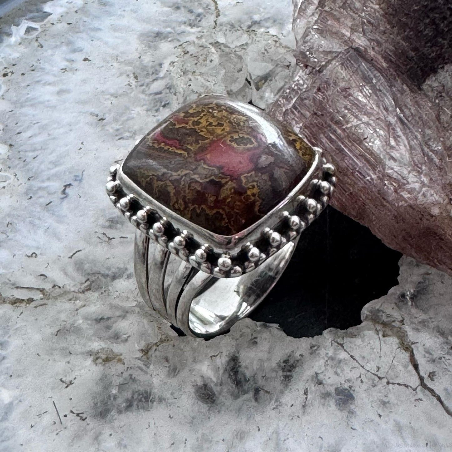 Sterling Silver Southwestern Style Moroccan Seam Agate Ring Size 7.5 For Women